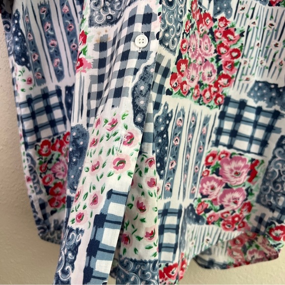 Vintage PennyLane Patchwork Look Button Front Short Sleeve Top Large Flawed - Picture 3 of 13
